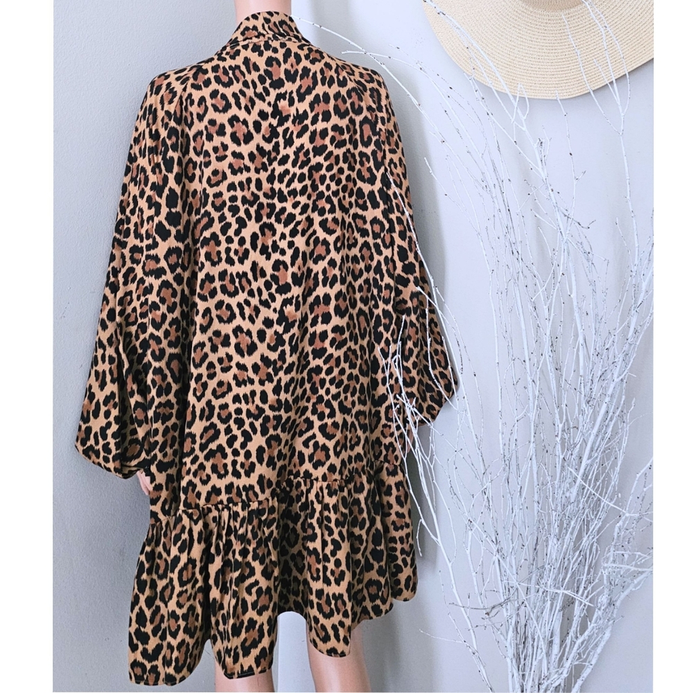 Kate Spade NY Leopard Print Necktie Drop Waist Drop Long Sleeves Swing Dress - Picture 4 of 11